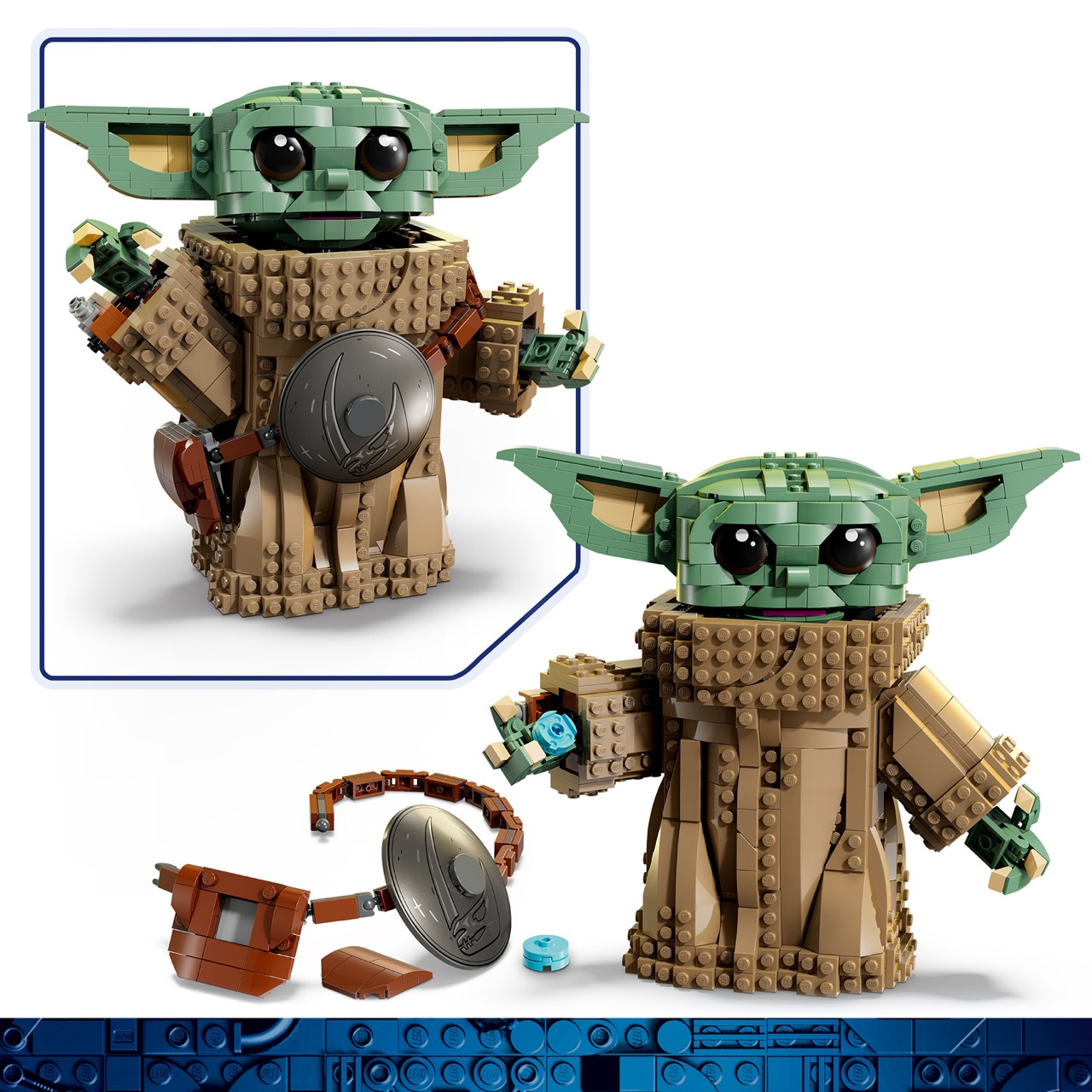 Una figura Lego verde di Grogu di Star Wars, con vesti marroni e accessori.