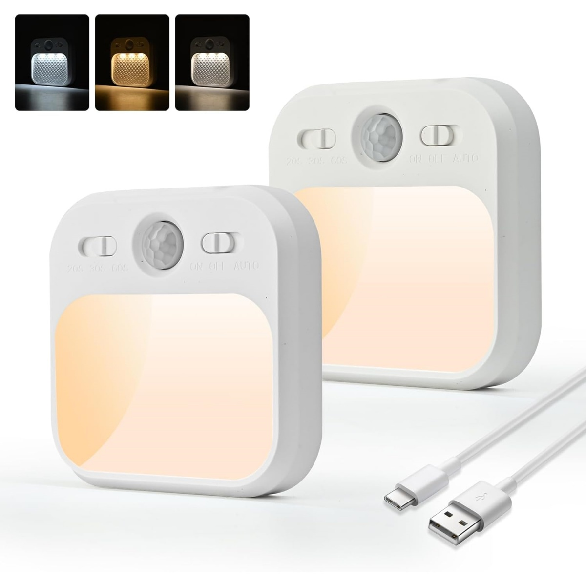 Due luci notturne bianche con sensore di movimento e cavi USB-C su sfondo bianco.