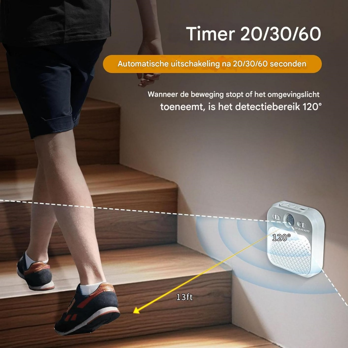 Una persona sale le scale accanto a un sensore di movimento a 120°.