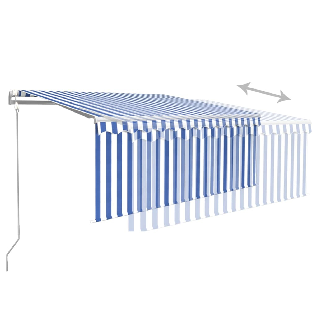 Tenda a strisce blu e bianche estesa con corda e staffa regolabile.