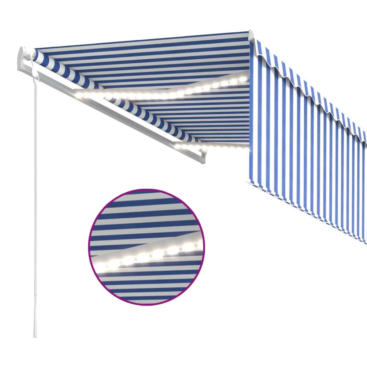 Tenda da sole a righe blu e bianche con luci LED.