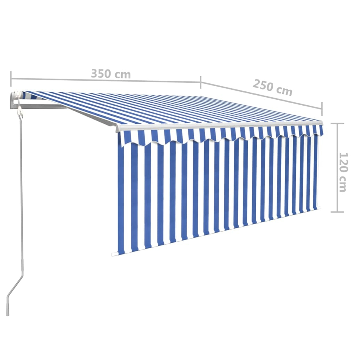 Tenda da sole a righe blu e bianche, 350x250x120 cm, con manovella.