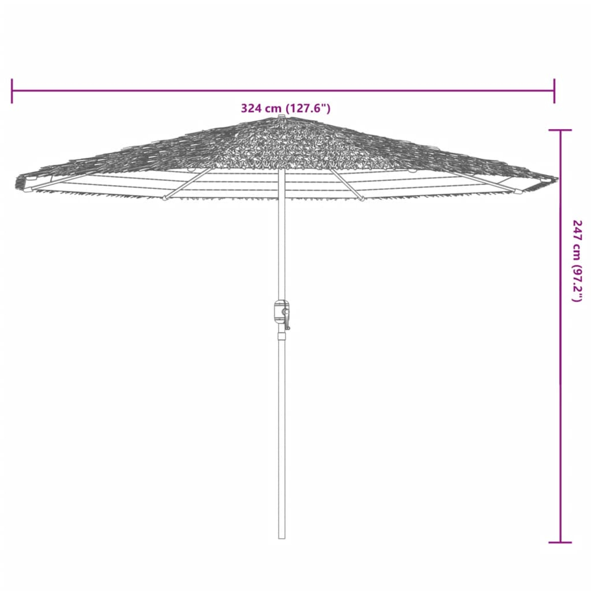 Un grande ombrellone largo 324 cm e alto 247 cm.