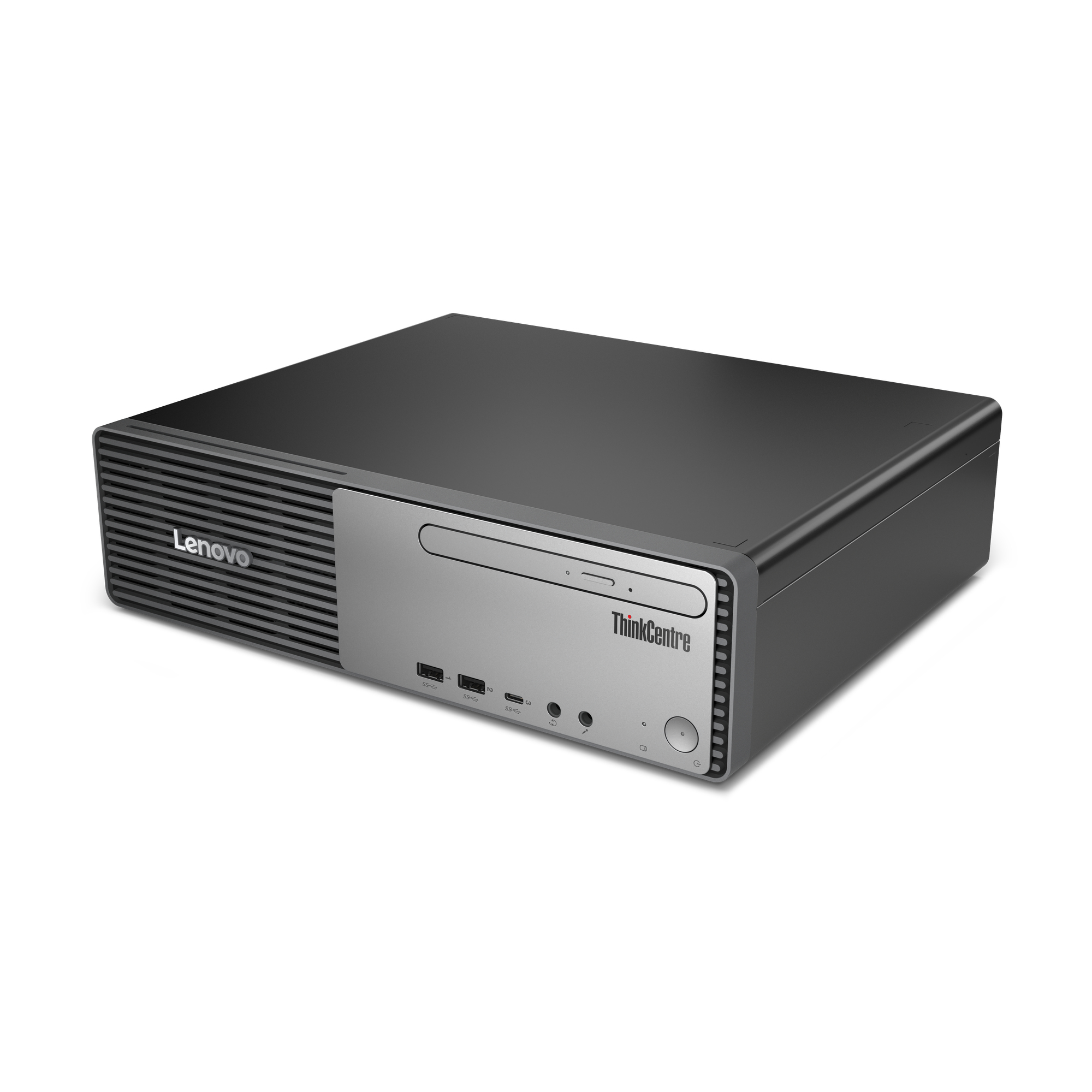 Un computer desktop Lenovo ThinkCentre nero con pannello frontale argentato e porte.