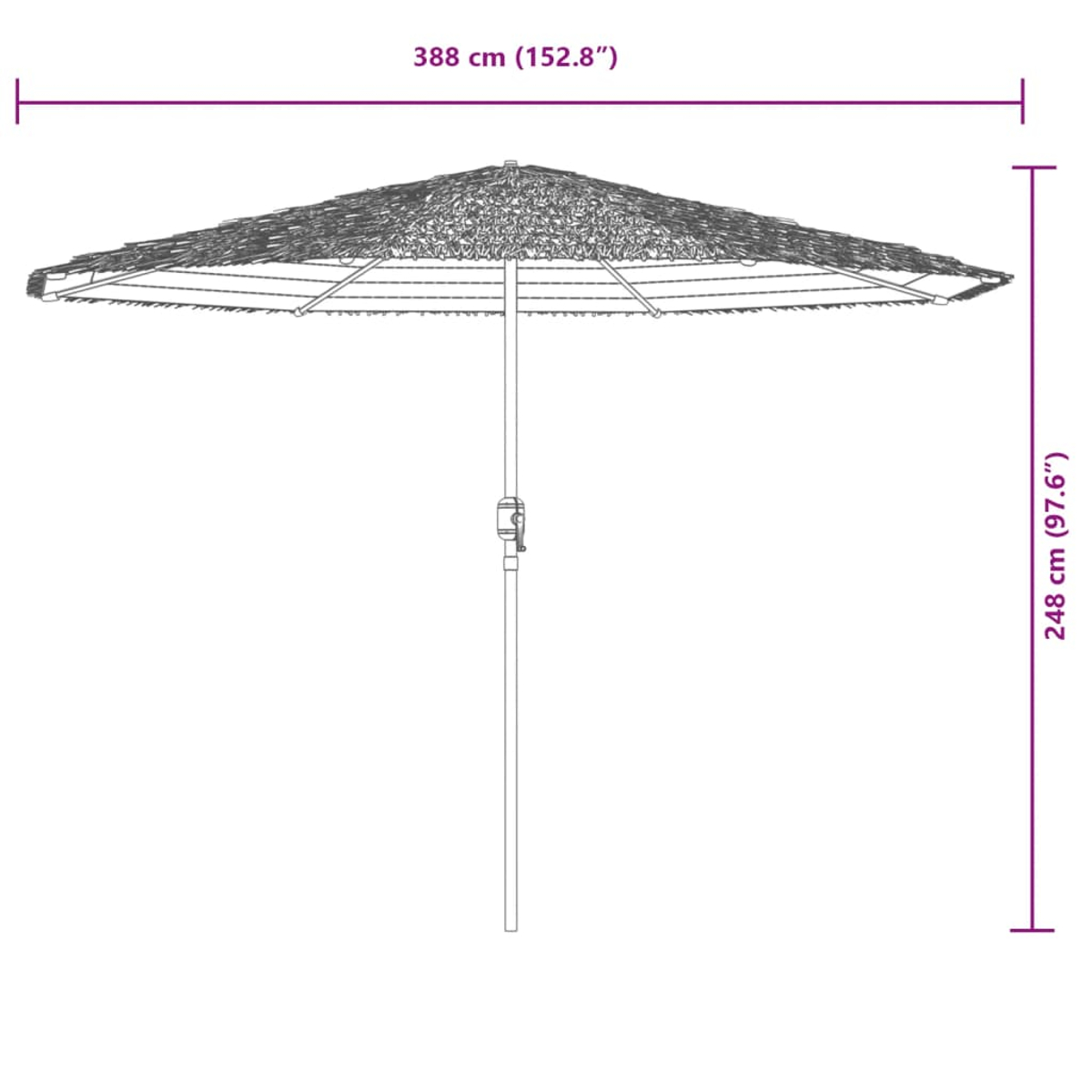 Un ombrellone largo 388 cm e alto 248 cm.