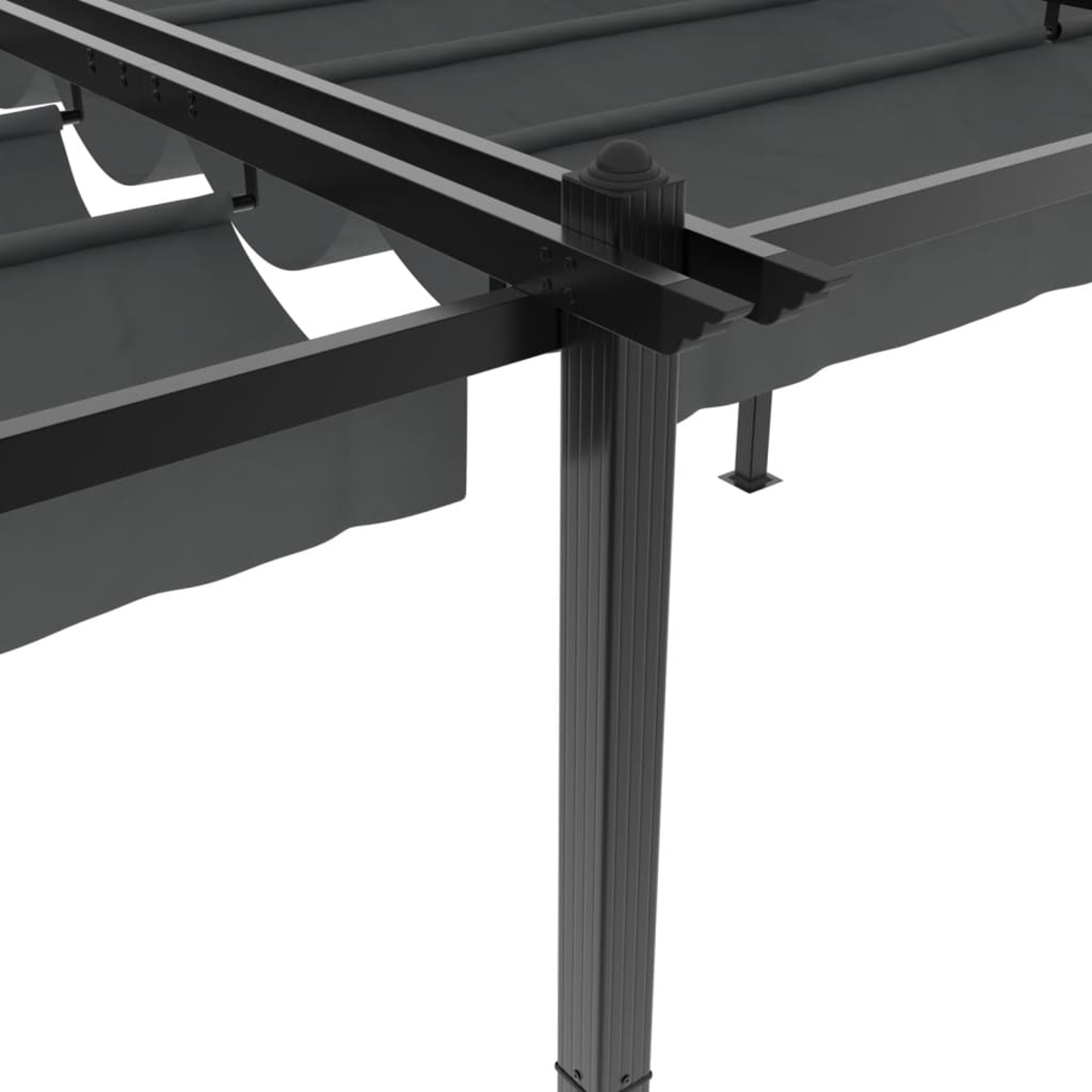 Tenda da sole retrattile grigio scuro con telaio in metallo nero e supporti.