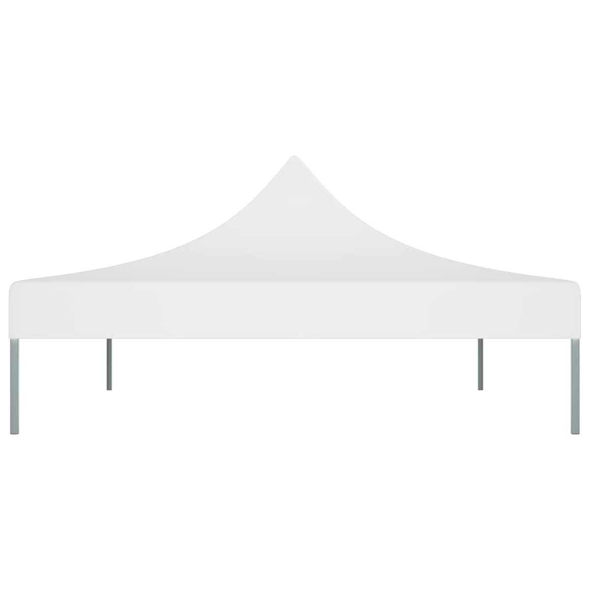 Una tenda pop-up bianca con tetto a punta e gambe in metallo su sfondo bianco.
