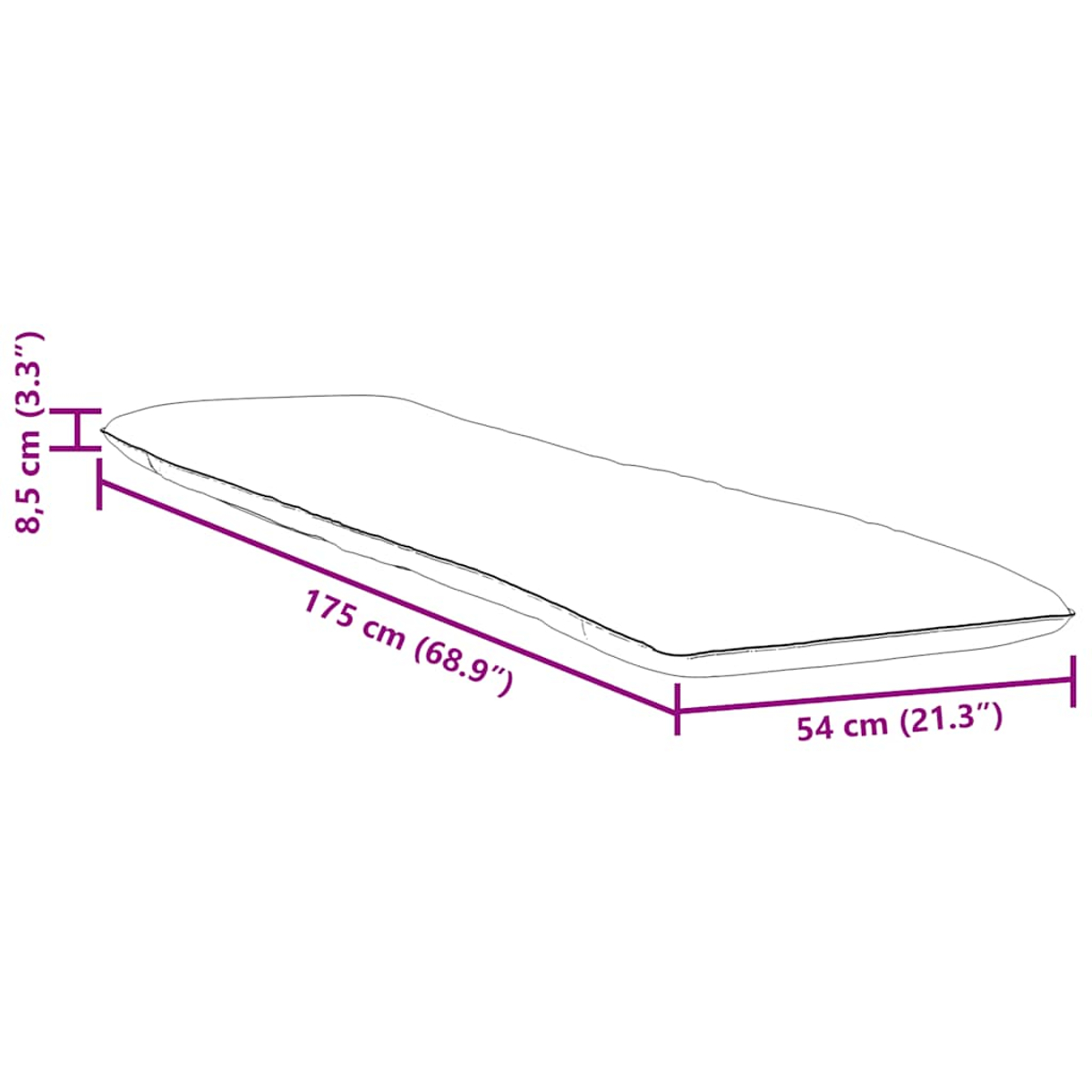 Eine Skizze zeigt ein langes, dünnes Objekt mit Maßen: 175 cm Länge, 54 cm Breite, 8,5 cm Höhe.
