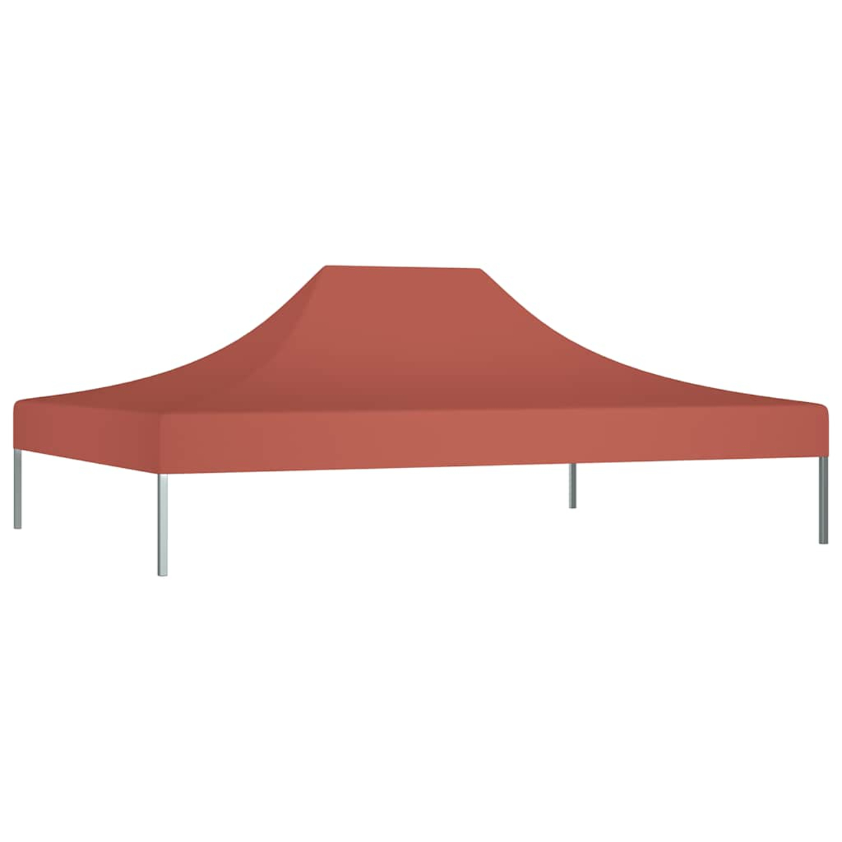 Una tettoia a tenda rosso corallo con gambe argentate, in piedi da sola su sfondo bianco.