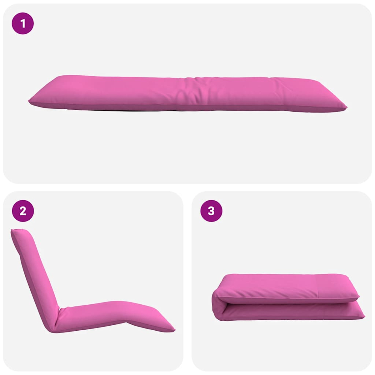 Ein rosa Kissen in drei Positionen: flach, als Stuhl und gefaltet.