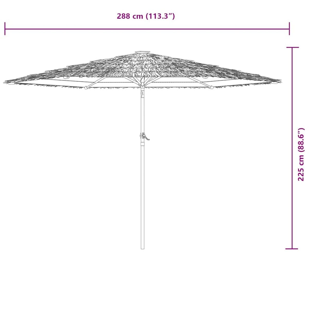 Ein Sonnenschirm mit einem Durchmesser von 288 cm und einer Höhe von 225 cm.