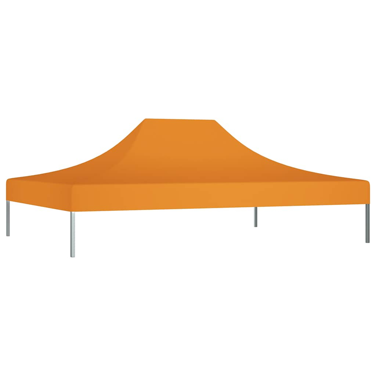 Una tenda a baldacchino arancione con gambe argentate su sfondo bianco.