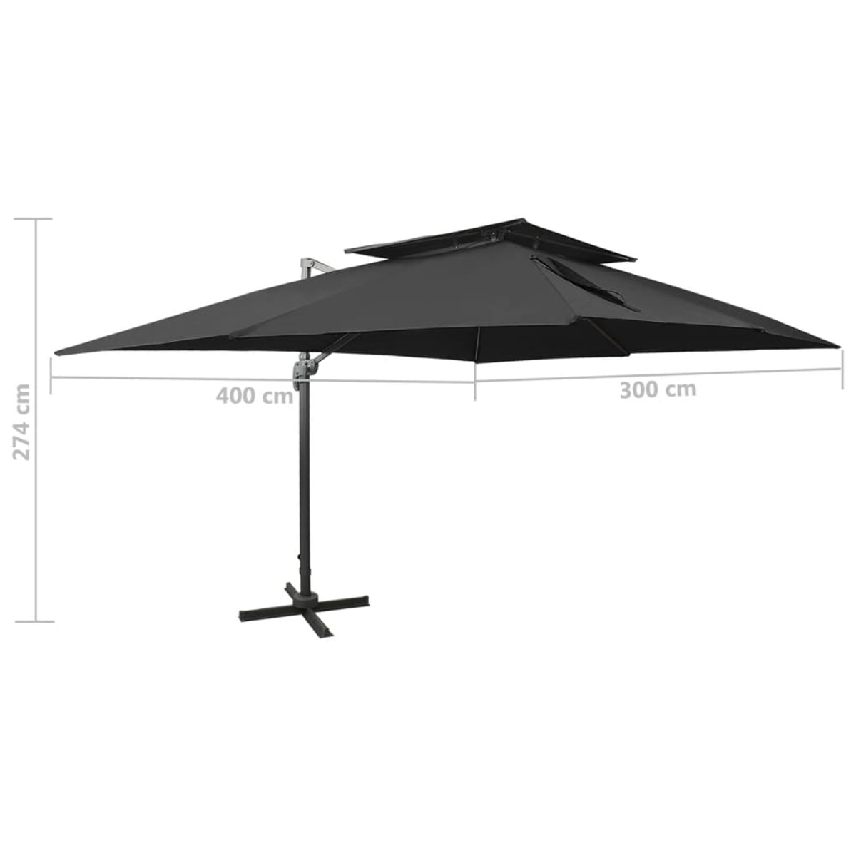 Un ombrellone a sbalzo nero con base in metallo. Dimensioni: 274 cm altezza, 400 cm larghezza.