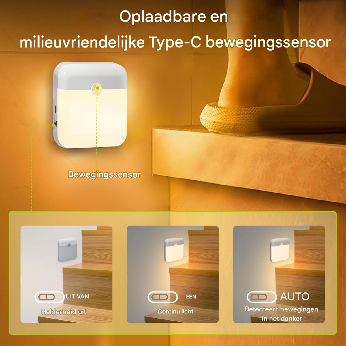 Luce notturna con sensore di movimento, ricarica Type-C, tre modalità.
