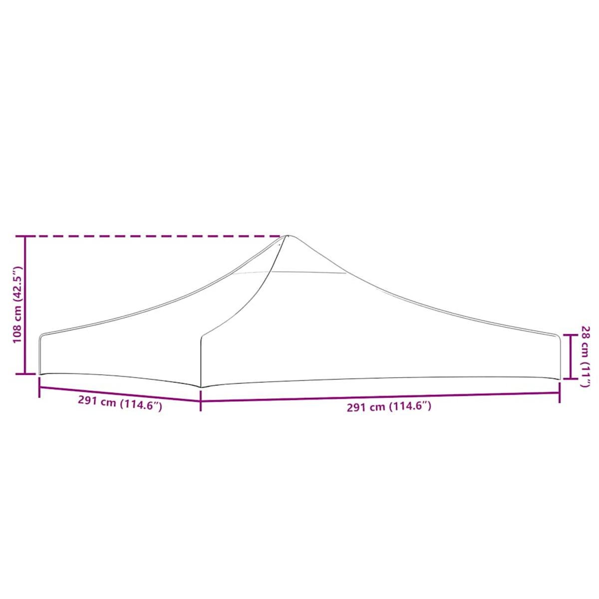 Disegno di una tettoia con dimensioni: altezza 108cm, larghezza 28cm, lunghezza 291cm.