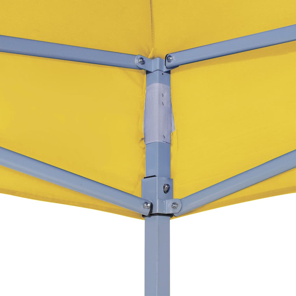 Tessuto della tettoia giallo con telaio in metallo grigio e connettori.