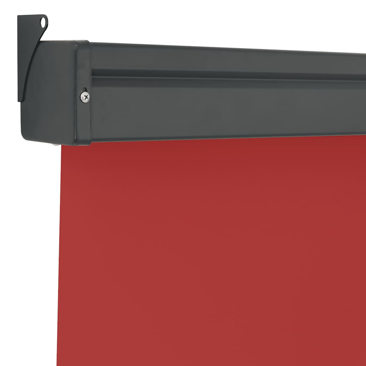 Contenitore metallico grigio con tenda a rullo rossa.