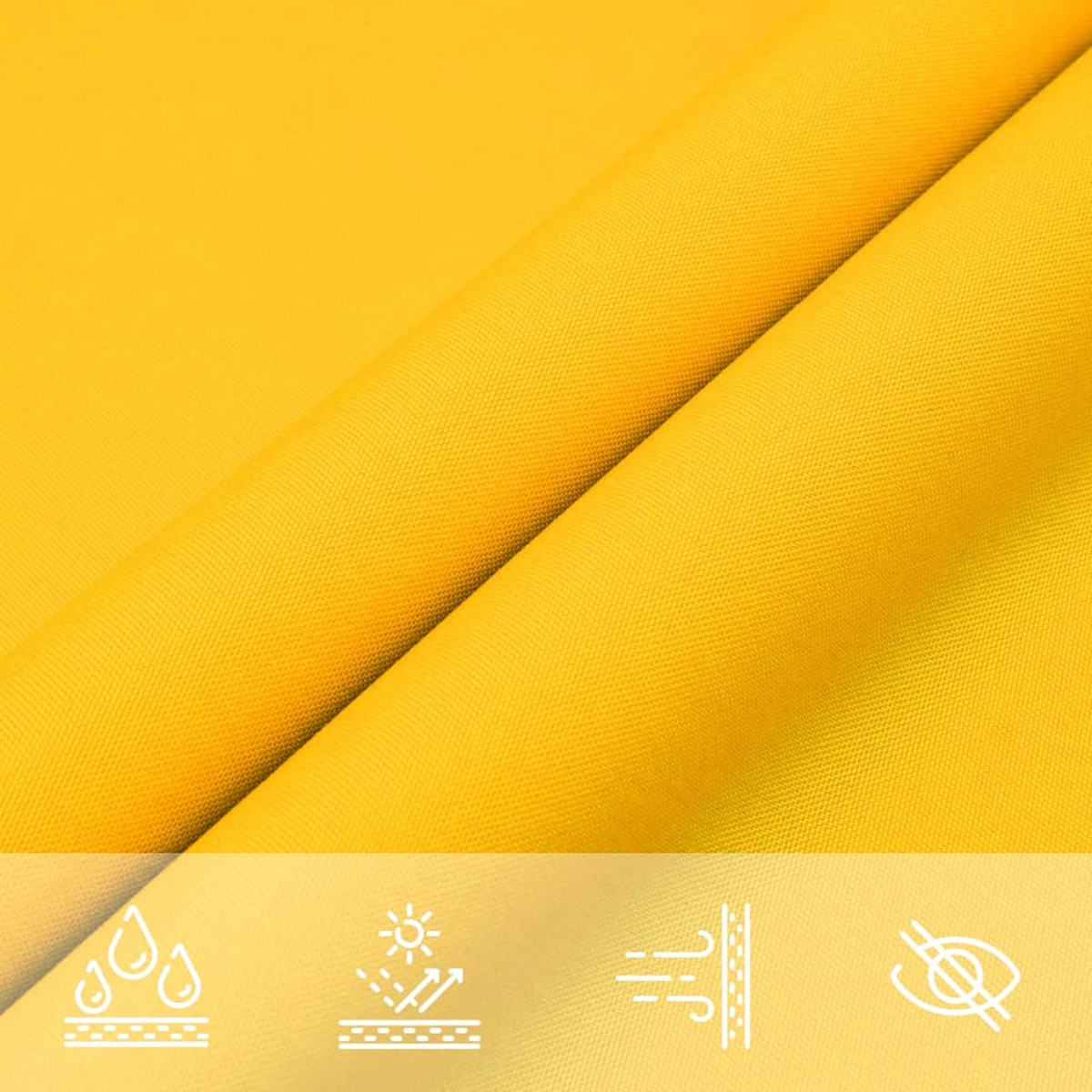 Tessuto giallo con icone per protezione acqua, UV, vento e occhi.