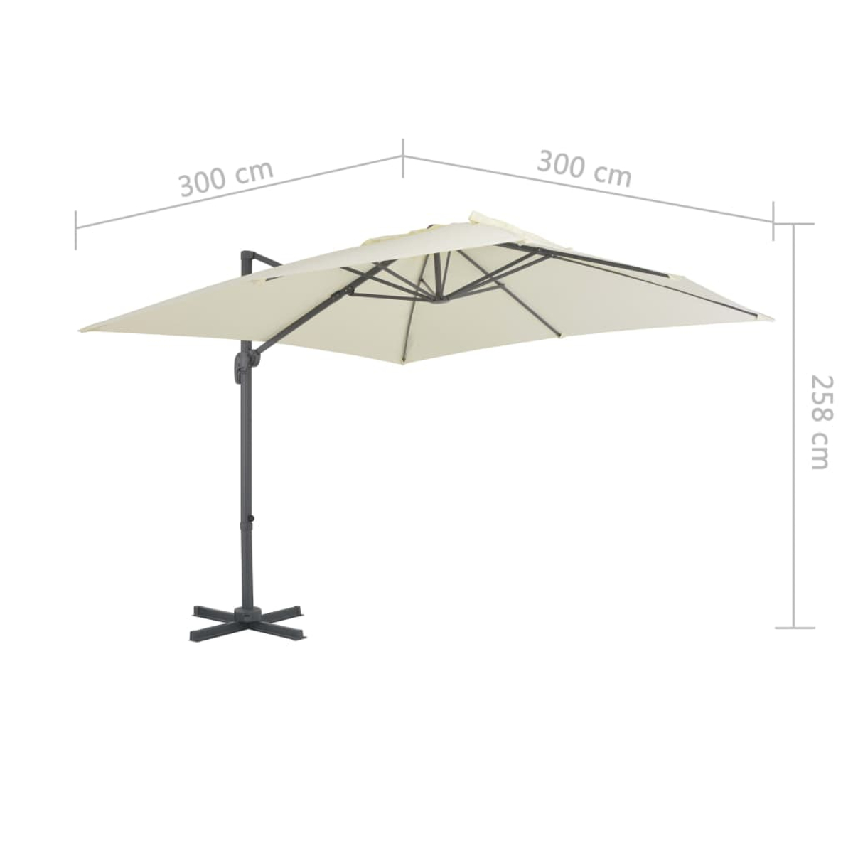 Un ombrellone a sbalzo beige con palo grigio scuro e base a croce. Dimensioni: 300x300x258cm.
