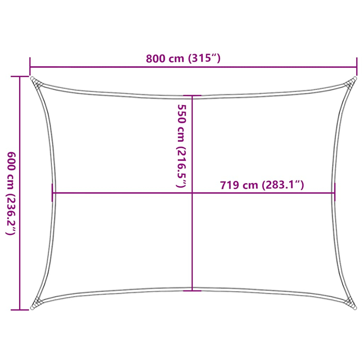 Un toldo de vela de 800x600 cm, con unas dimensiones de 719x550 cm.