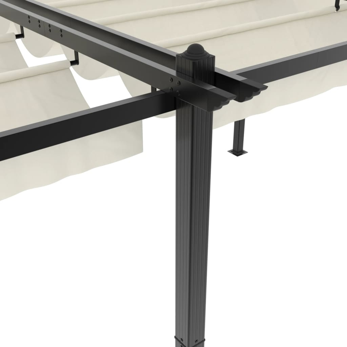 Struttura pergola nera con tenda da sole color crema, primo piano.