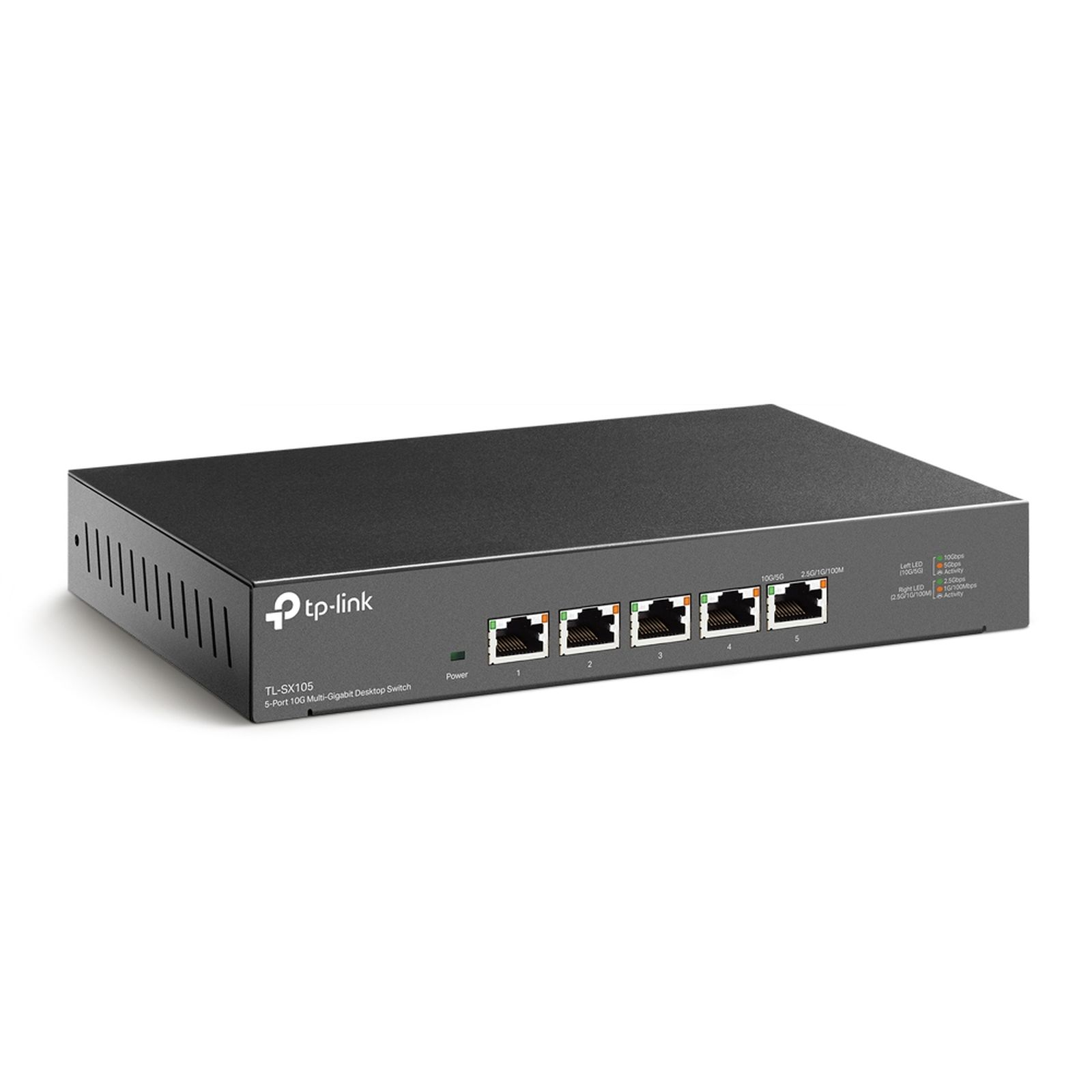 Ein schwarzer TP-Link 5-Port Multi-Gigabit Desktop Switch mit Ladeanschluss.
