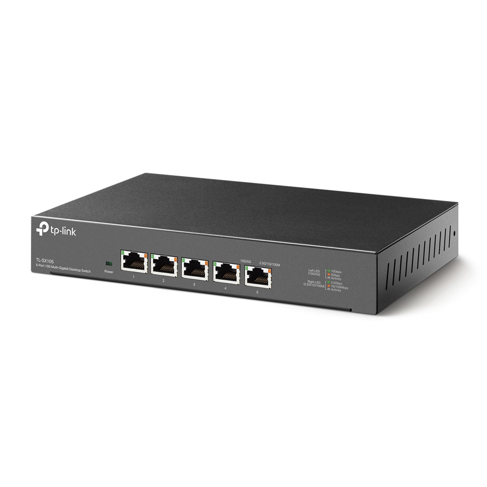 Ein schwarzer TP-Link 5-Port 10G Desktop-Switch mit Ethernet-Anschlüssen und LEDs.