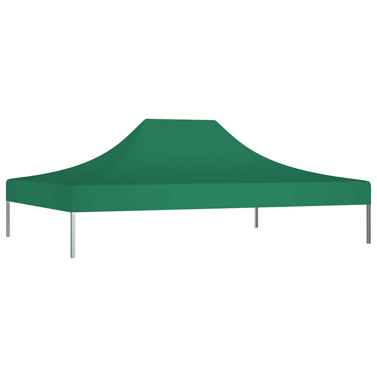 Una tenda a baldacchino verde con gambe argentate su sfondo bianco.