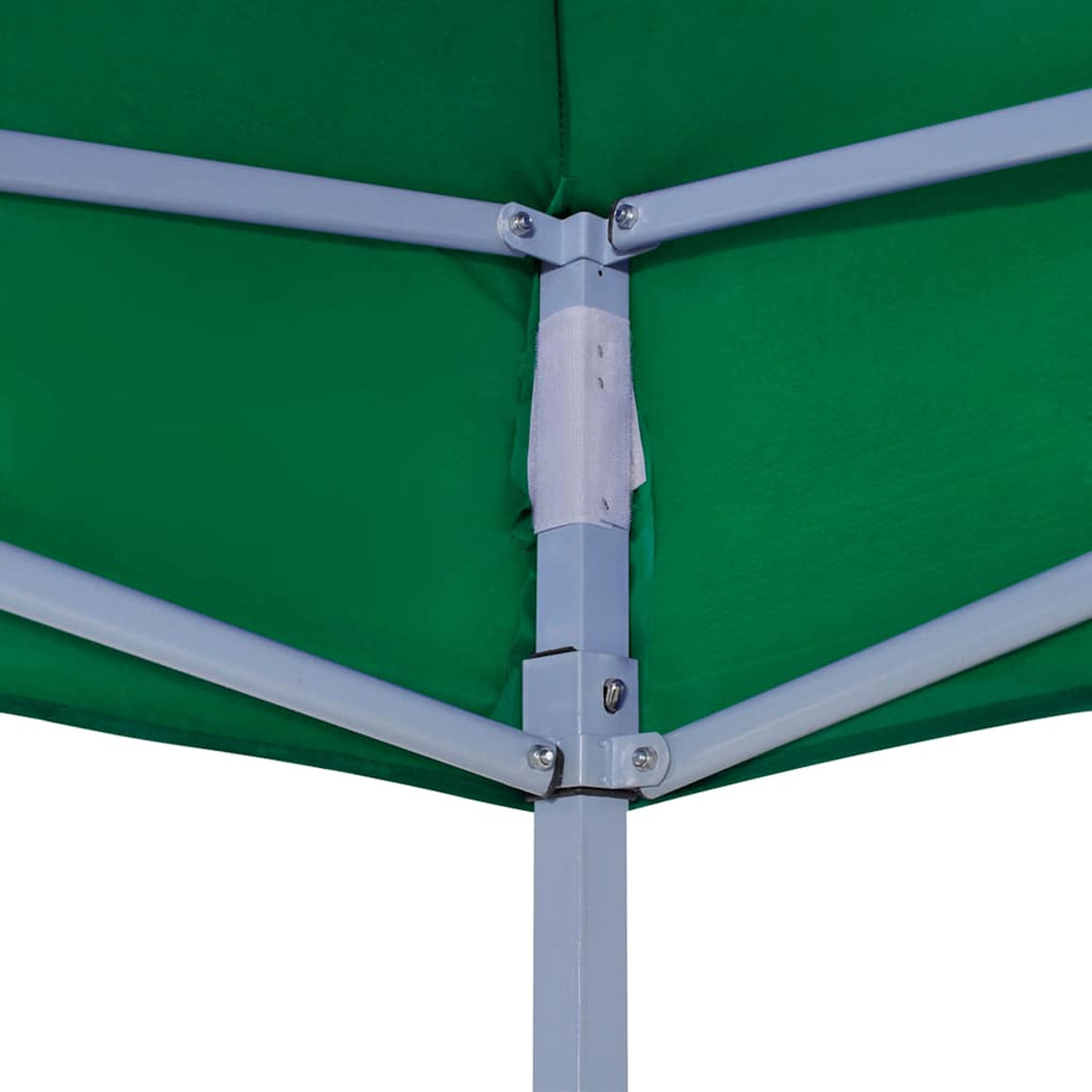 Tessuto verde tenda con telaio in metallo grigio e connettori.