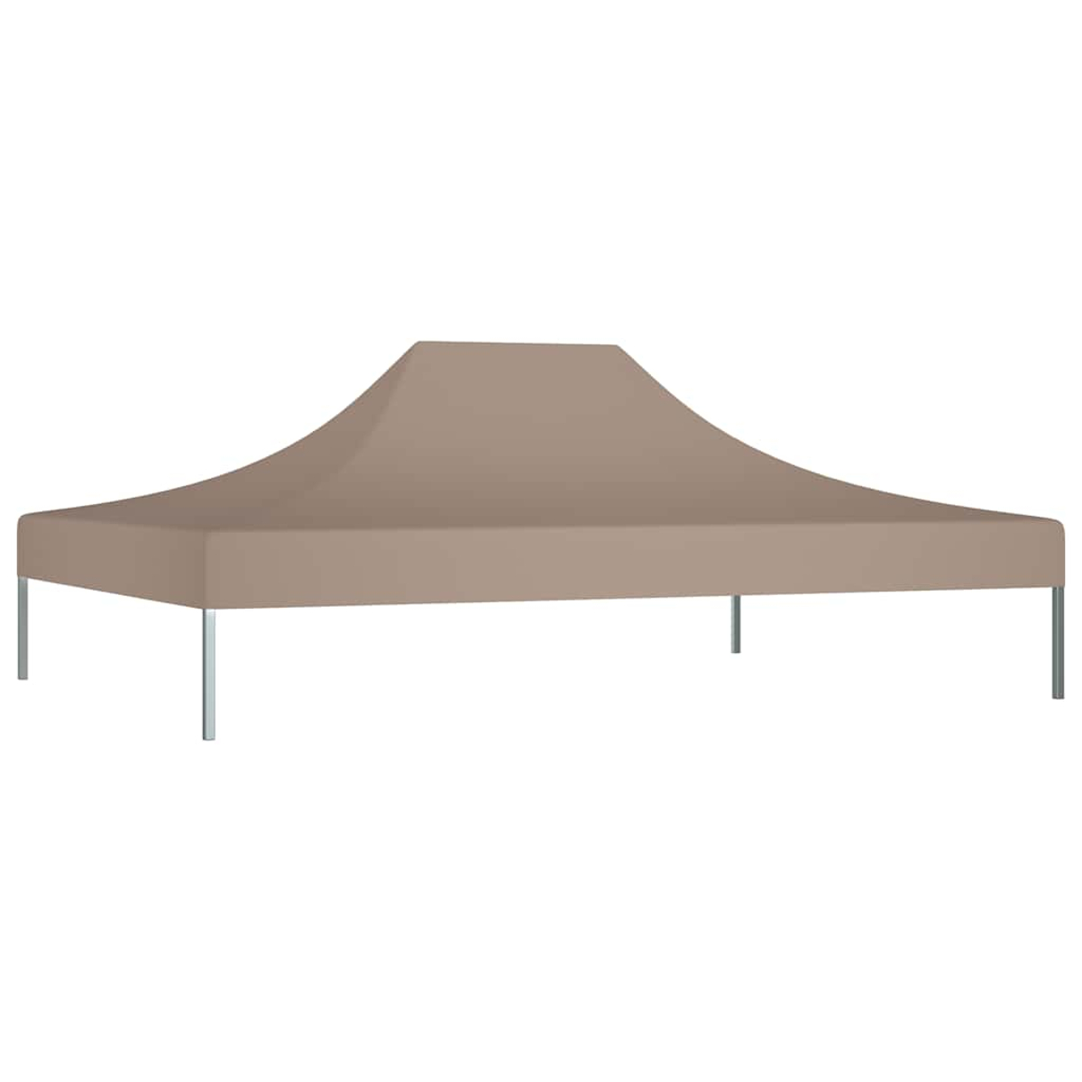 Una tenda a baldacchino color cuoio con gambe argentate su sfondo bianco.