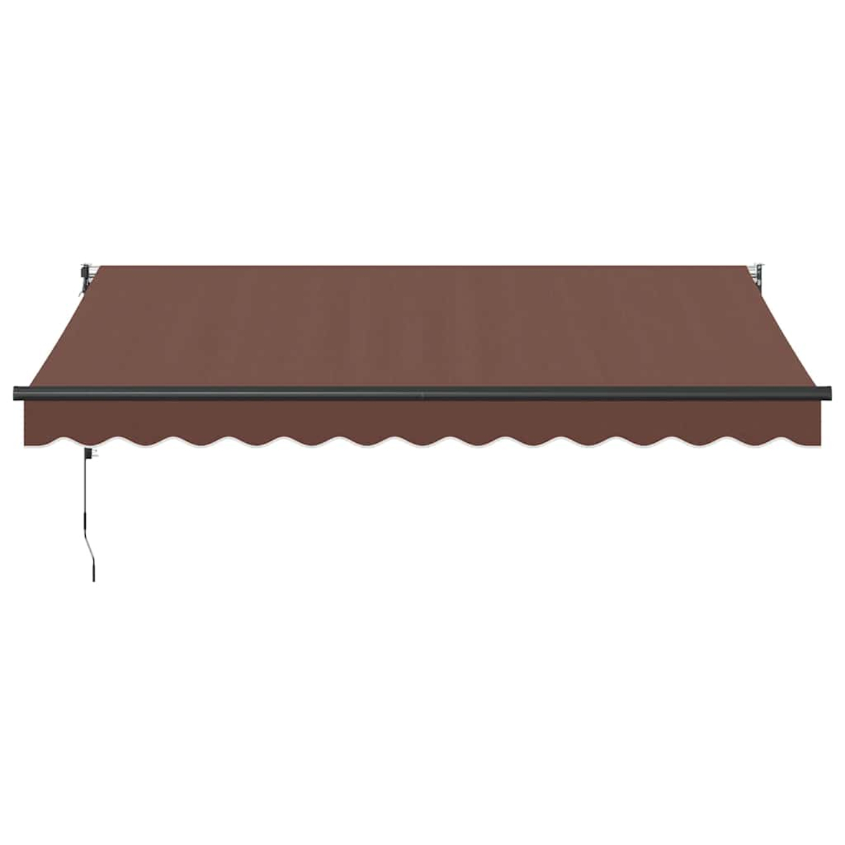 Una tenda da sole marrone con bordo smerlato e barra nera. Un cavo pende.