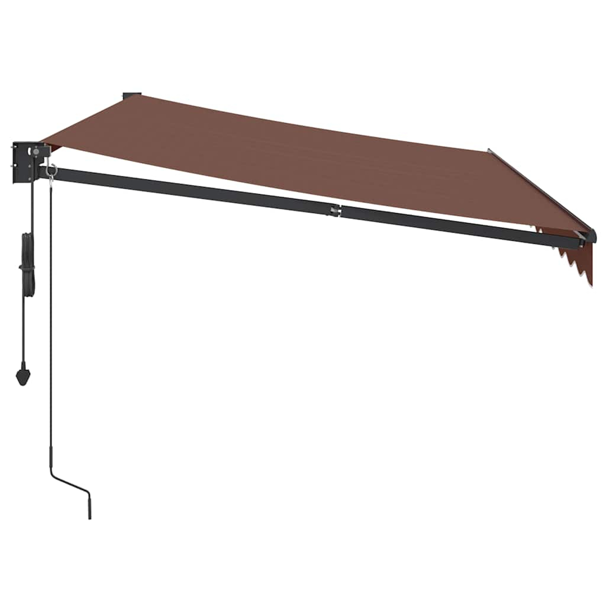Un tessuto da tenda da sole marrone esteso su una staffa metallica nera con manovella.