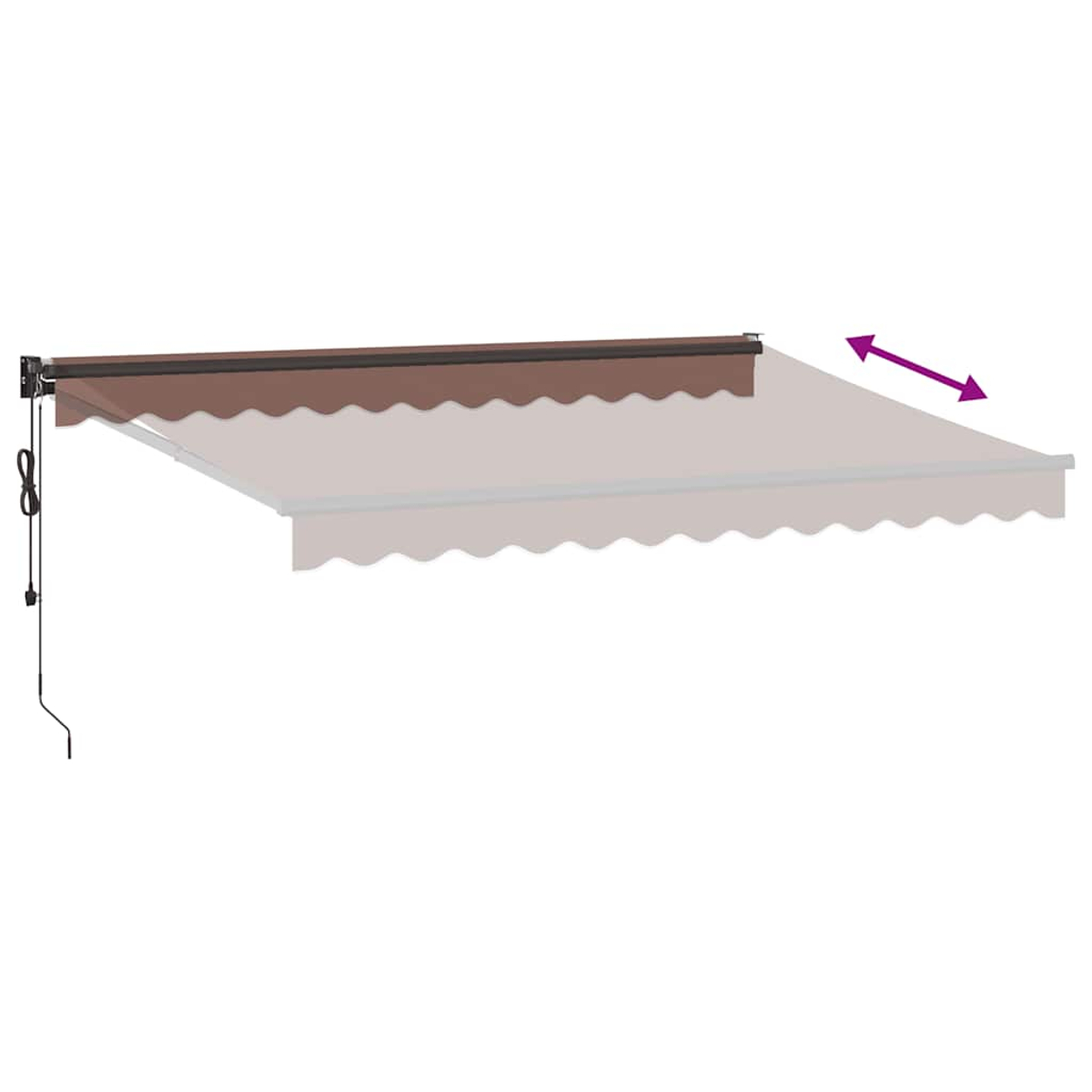 Un tessuto da tenda da sole retrattile marrone e beige con bordo smerlato.