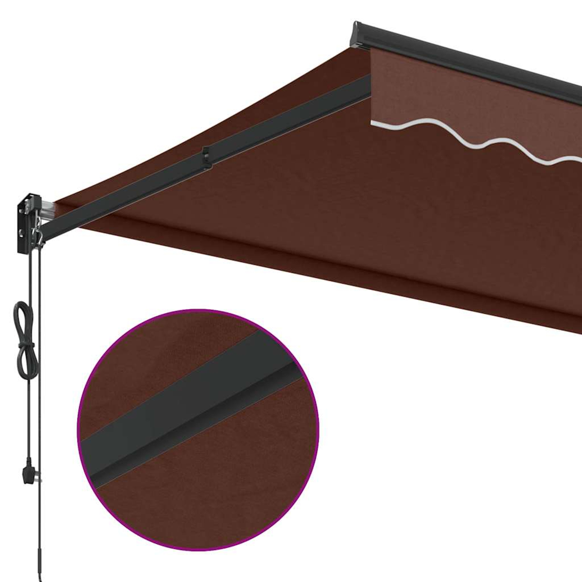 Tessuto marrone per tenda da sole con telaio in metallo nero e dettaglio.