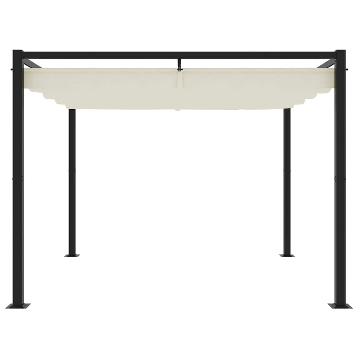 Una struttura a pergola nera con una vela parasole color crema.