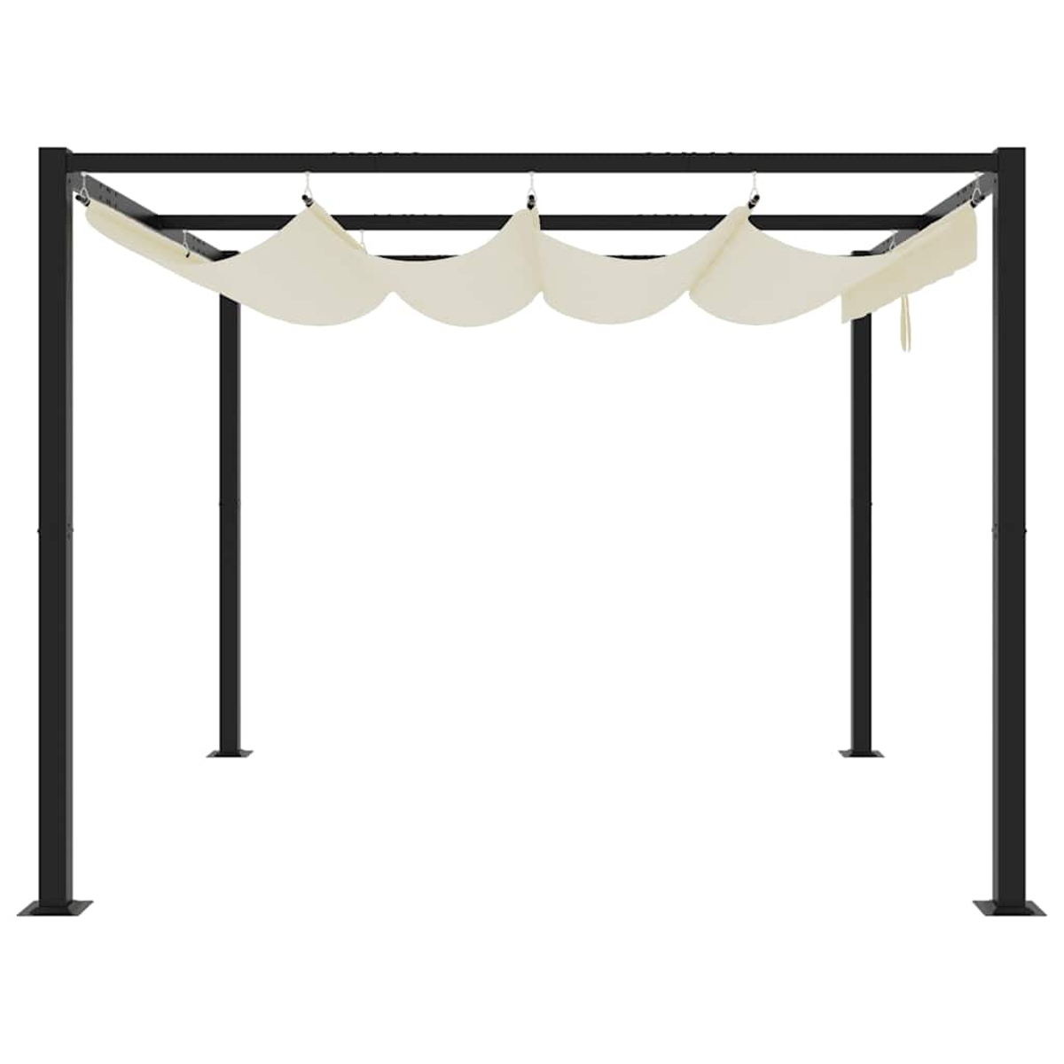 Struttura pergola nera con copertura a baldacchino color crema su sfondo bianco.