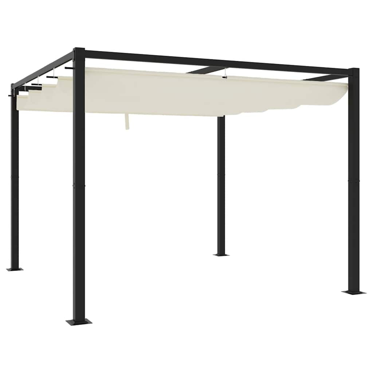 Struttura pergola nera con tenda da sole ondulata color crema su sfondo bianco.