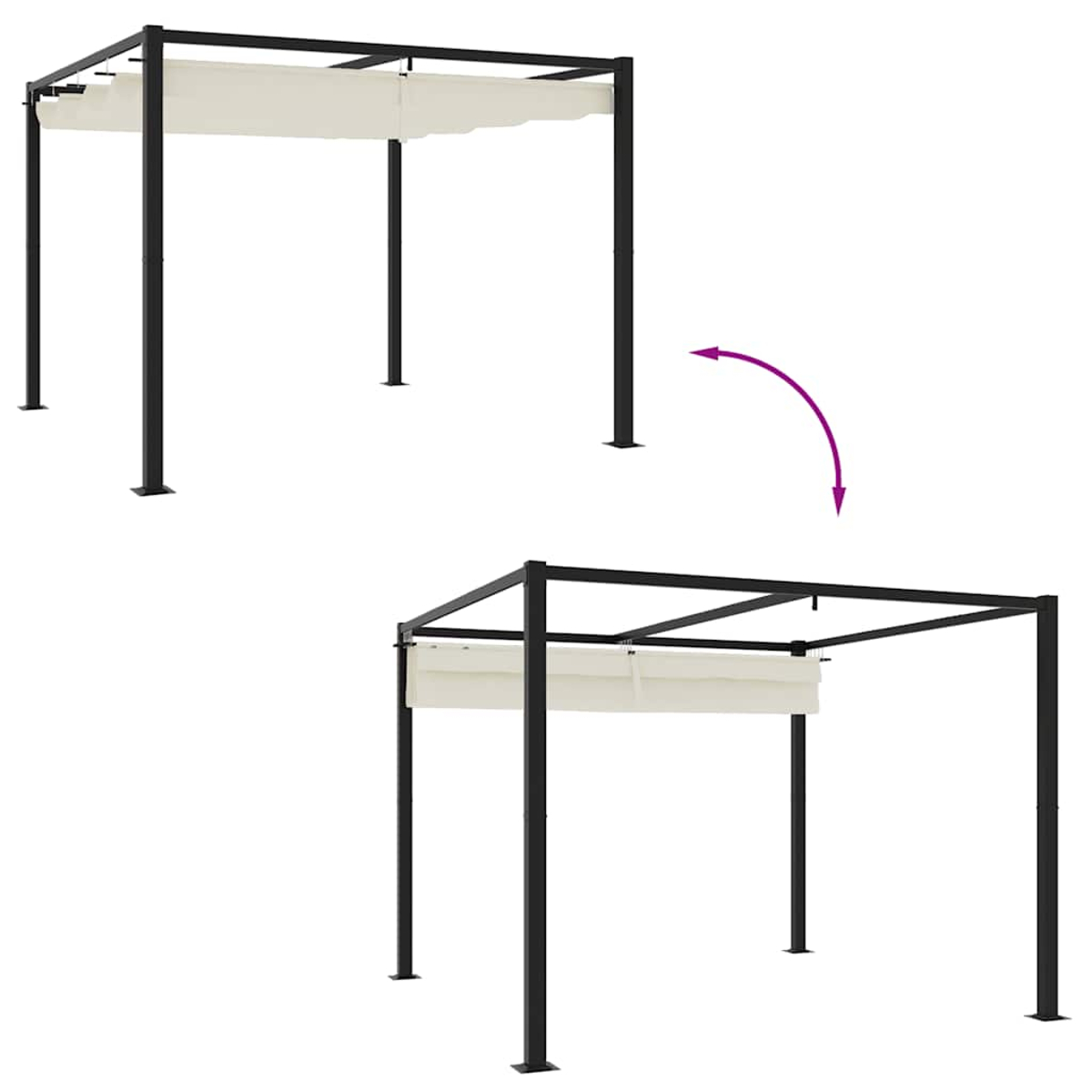 Una struttura a pergola nera con una tenda da sole color crema estesa su un lato.
