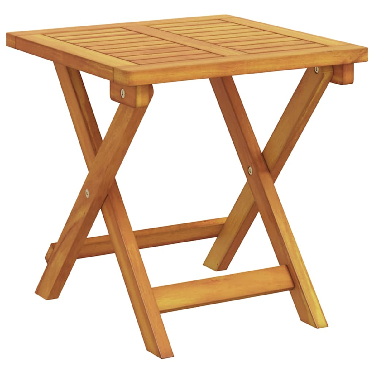 Ein kleiner, klappbarer Holztisch mit X-förmigen Beinen auf weißem Hintergrund.