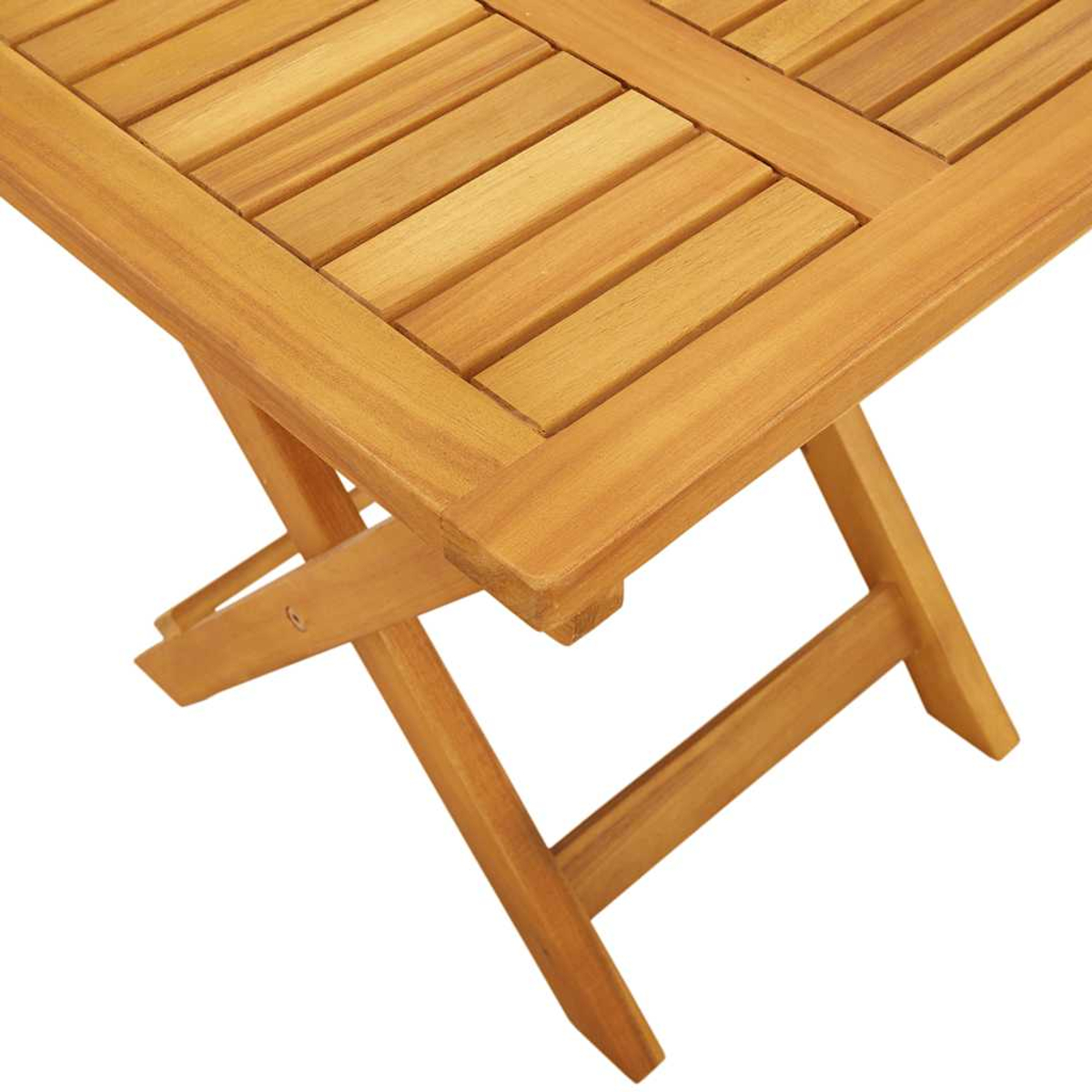 Eine Nahaufnahme eines braunen Holzklapptisches mit sichtbarer Maserung.