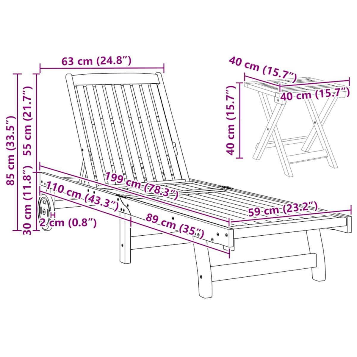 Diagramm zeigt eine Sonnenliege und einen kleinen Tisch mit Maßen.