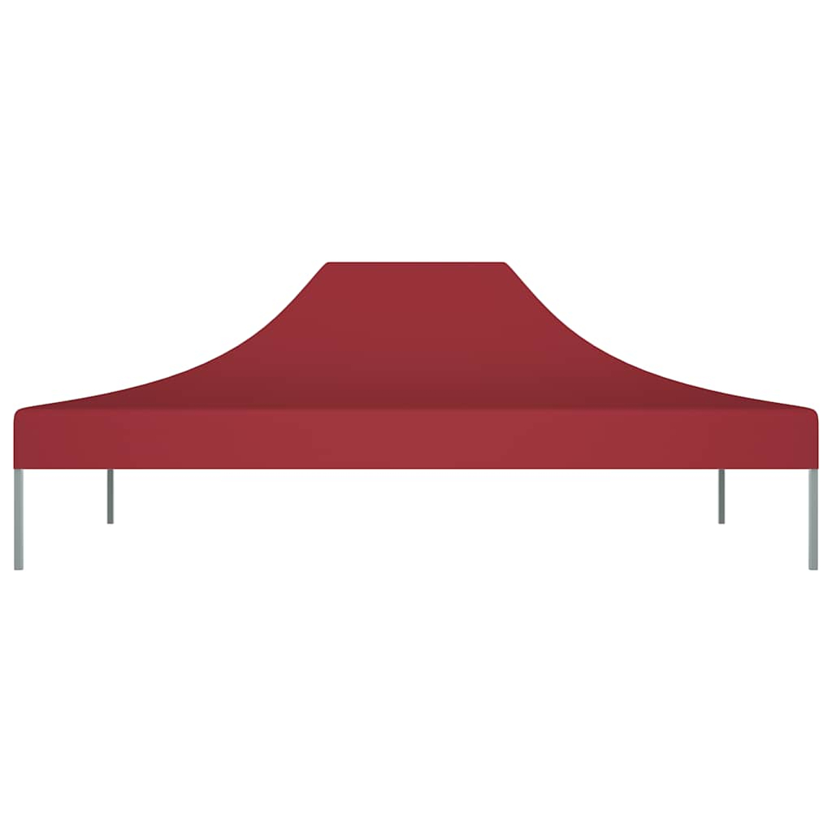 Tetto di tenda da esterno rosso con quattro gambe argentate su sfondo bianco.