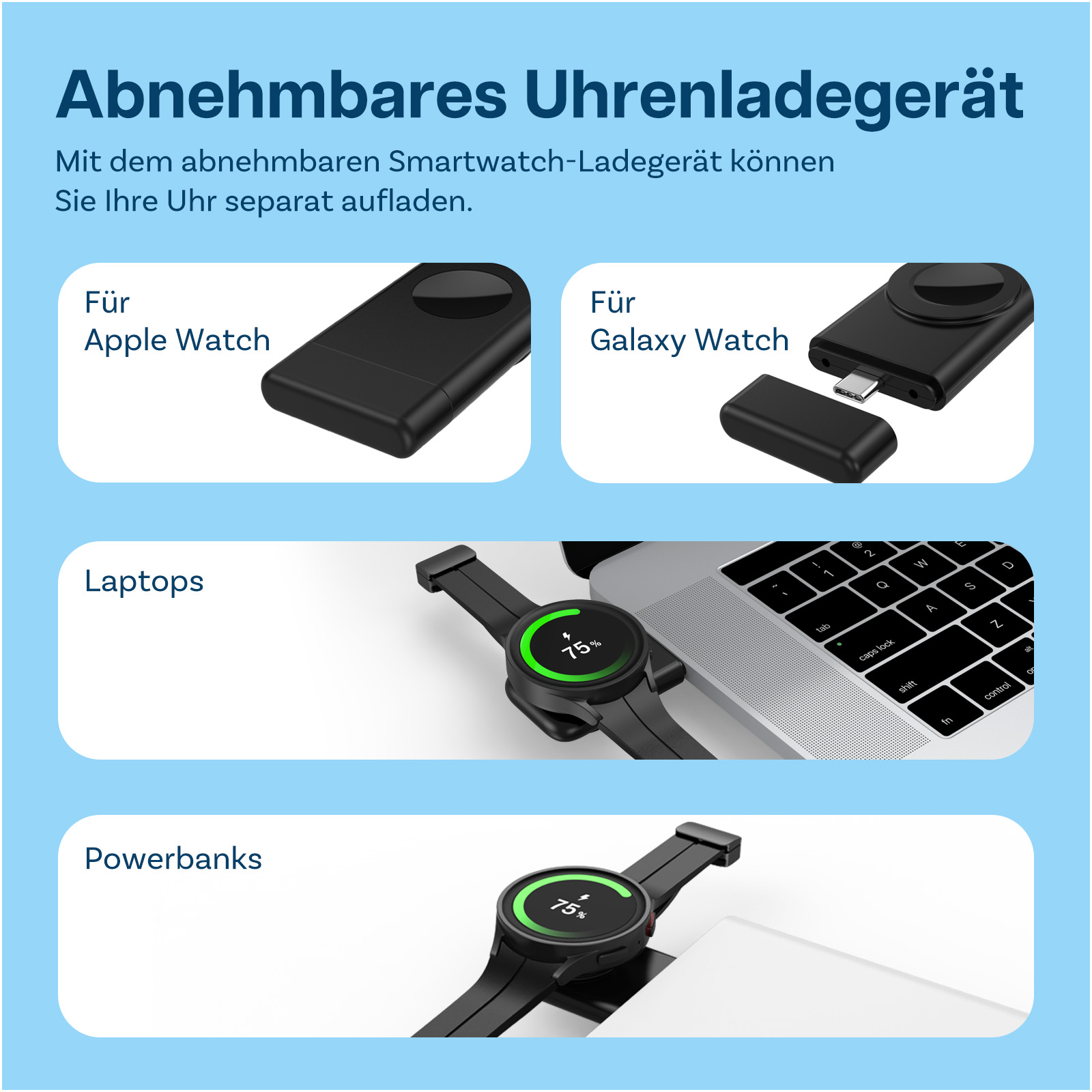 Schwarzes abnehmbares Uhrenladegerät für Apple Watch, Galaxy Watch, Laptops und Powerbanks.