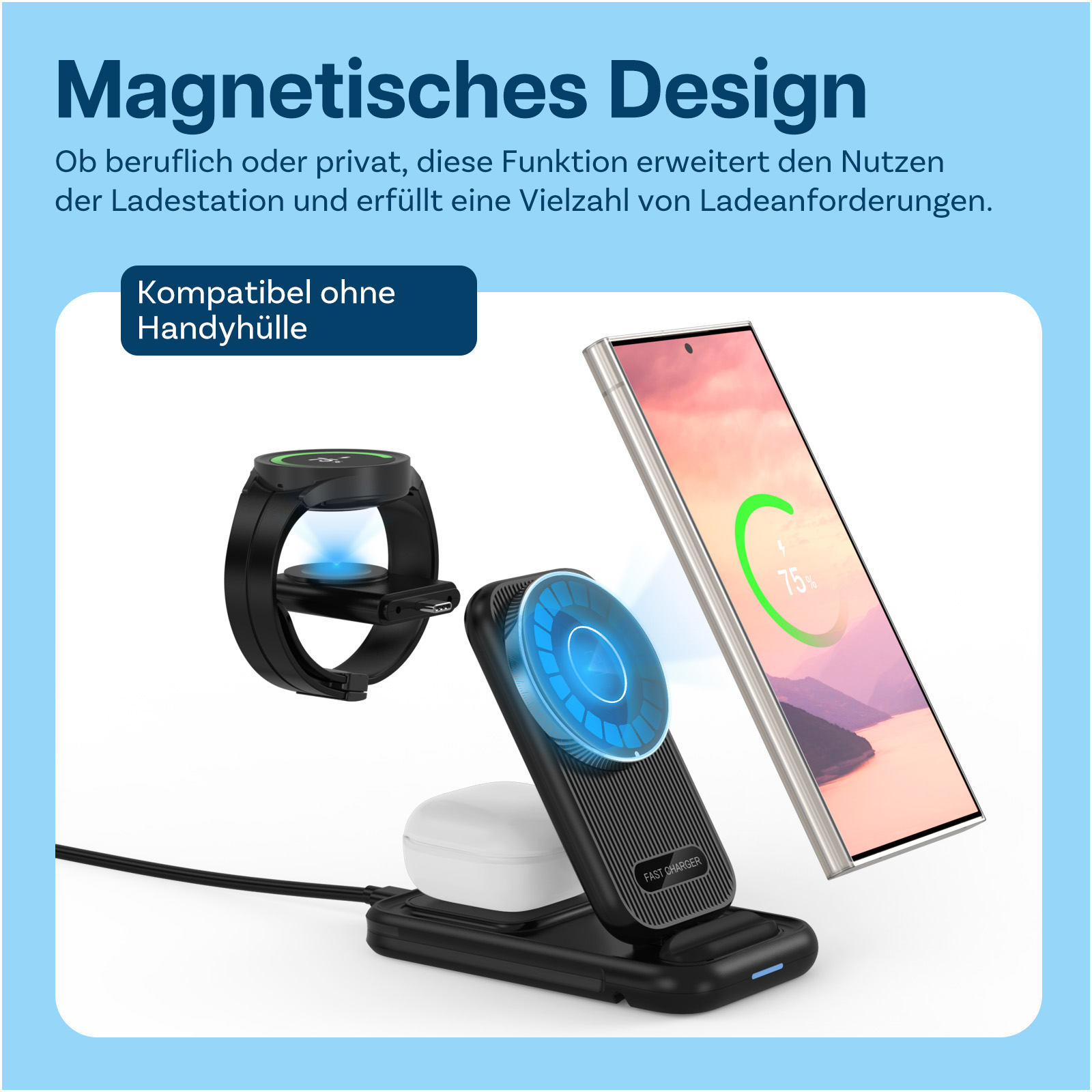 Magnetische Ladestation mit Smartwatch, Kopfhörern und Smartphone.