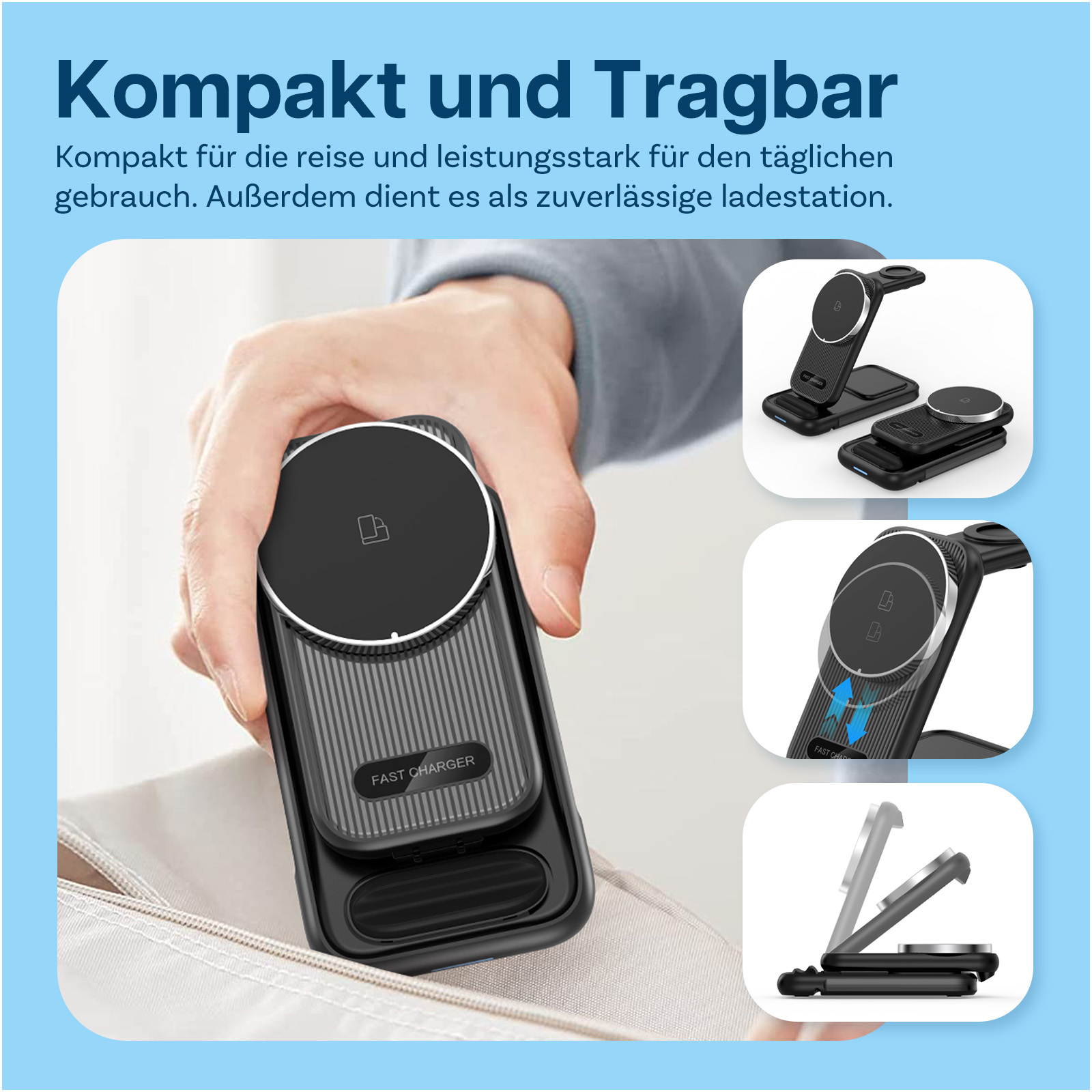 Schwarzes, kompaktes Ladegerät mit Schnellladefunktion, das für Reisen und Alltag geeignet ist.
