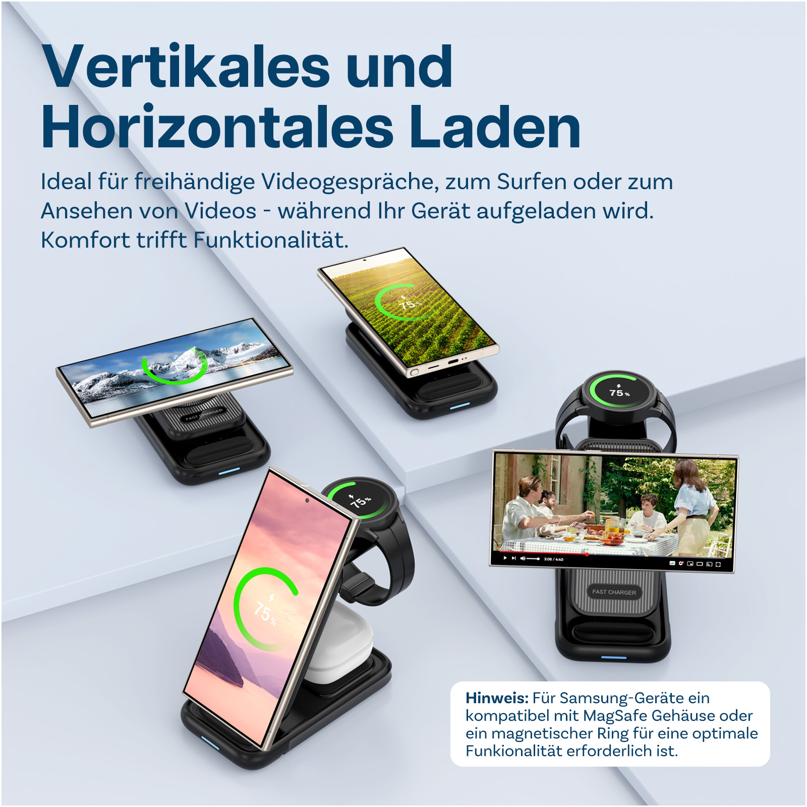 Mehrere Smartphones und eine Smartwatch werden vertikal und horizontal geladen.