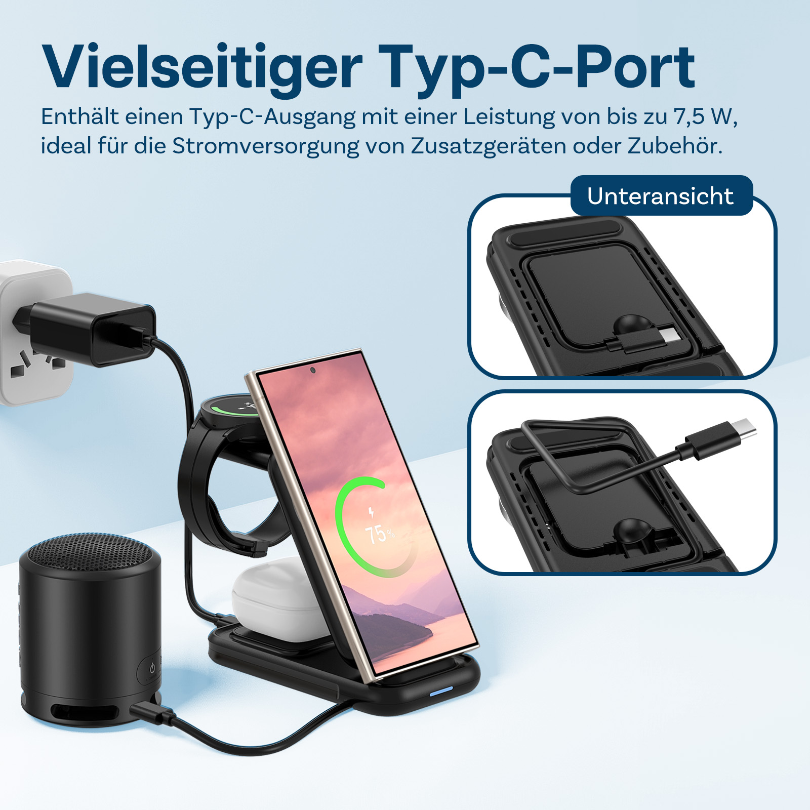 Ein Lade-Hub mit Smartphone, Smartwatch, Kopfhörern und Lautsprecher.