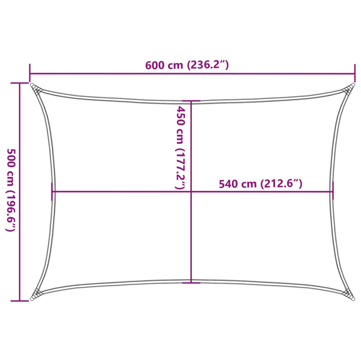Un diagramma mostra un rettangolo con dimensioni 600cm, 500cm, 450cm, 540cm.