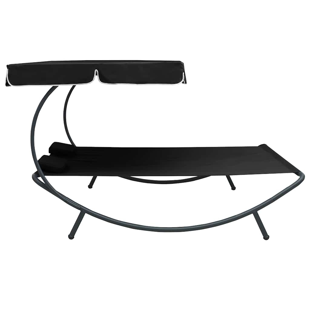 Schwarzes Hängematten-Tagesbett mit Sonnendach und Kissen auf gebogenem Metallgestell.