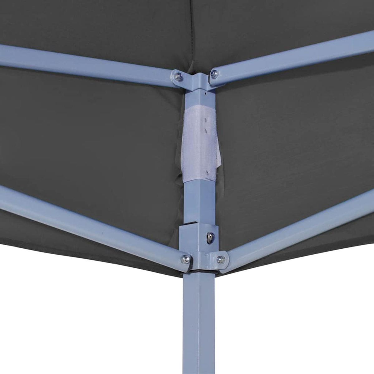 Tessuto del baldacchino grigio con telaio in metallo blu chiaro e connettori visibili.